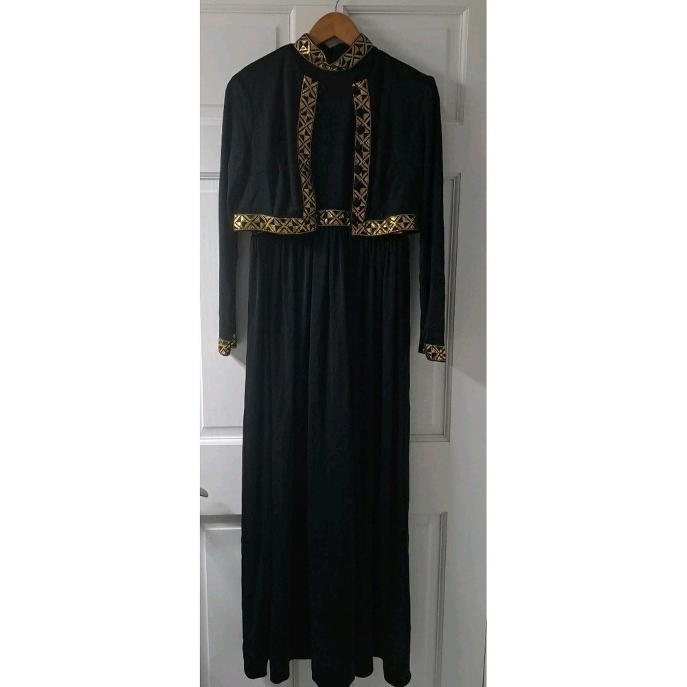 Vtg Wms (6-8) Blk Sleeveless Evening Prom Gown w/Jacket Gold Trim Hook Eye Close